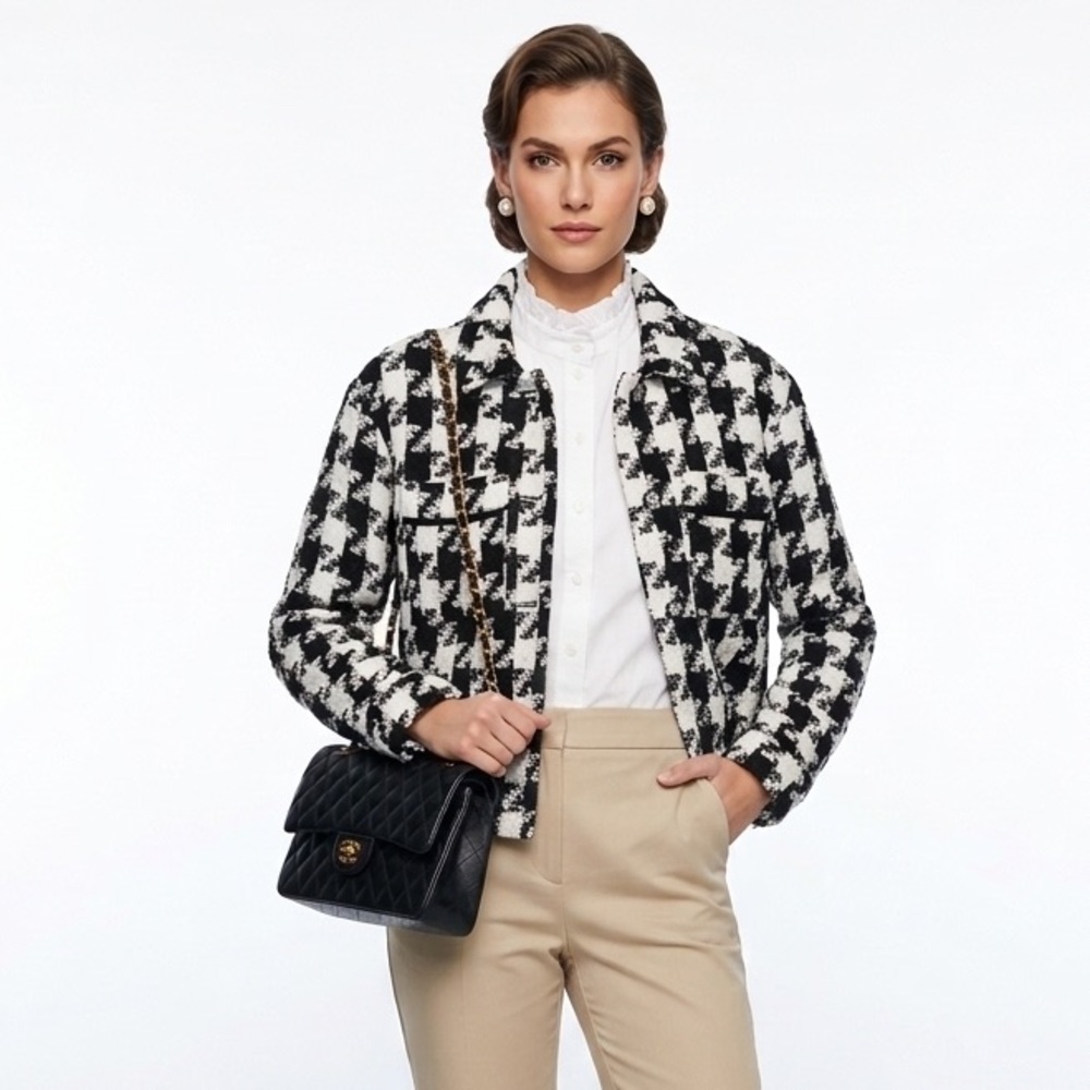 Black & White Houndstooth Tweed Button Up Blazer Size Small Cotton